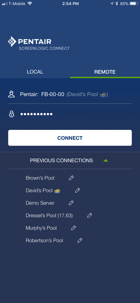 Tela de login remoto do aplicativo de controle de piscina Pentair ScreenLogic Connect