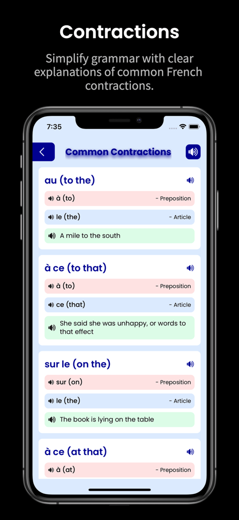 Lernbildschirm aus der App Learn French, der gängige französische Kontraktionen wie 'au' und 'à ce' mit Bedeutungen und Beispielen erklärt