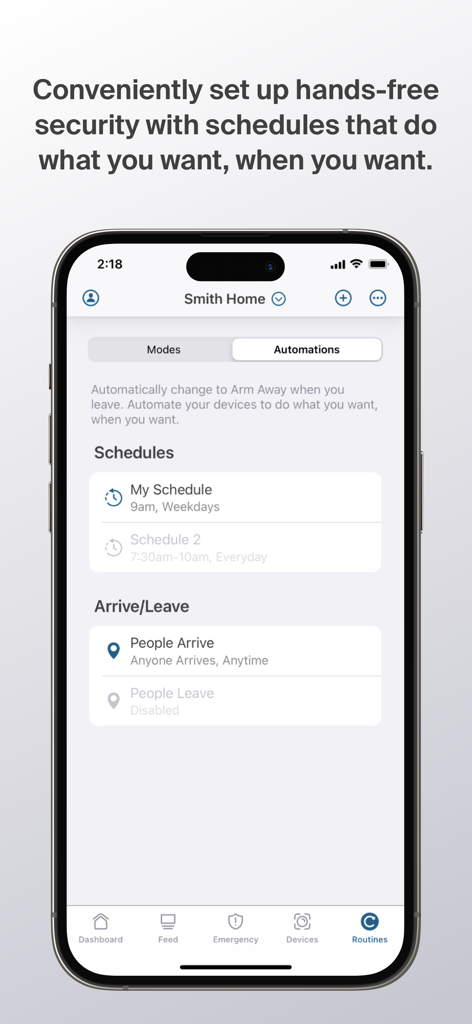 Smartphone displaying Arlo Secure app routines for automated security schedules