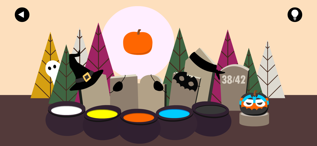 Boo! - Pantalla de juego de rompecabezas lógico minimalista de Halloween que muestra las mecánicas de inmersión de calabazas y el progreso del nivel