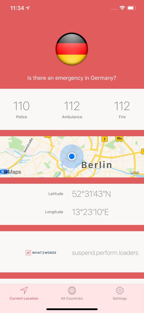 SOS Global Emergency Numbers - SOS Global Emergency Numbers app interface showing local emergency services for Germany and map location