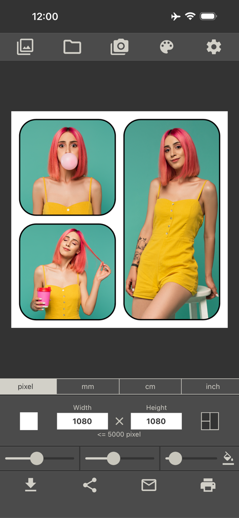 Photo Collage Maker & Printer - Interfaz de la aplicación creadora de collages de fotos que muestra un diseño de tres imágenes con configuraciones de tamaño personalizado en píxeles y opciones de impresión