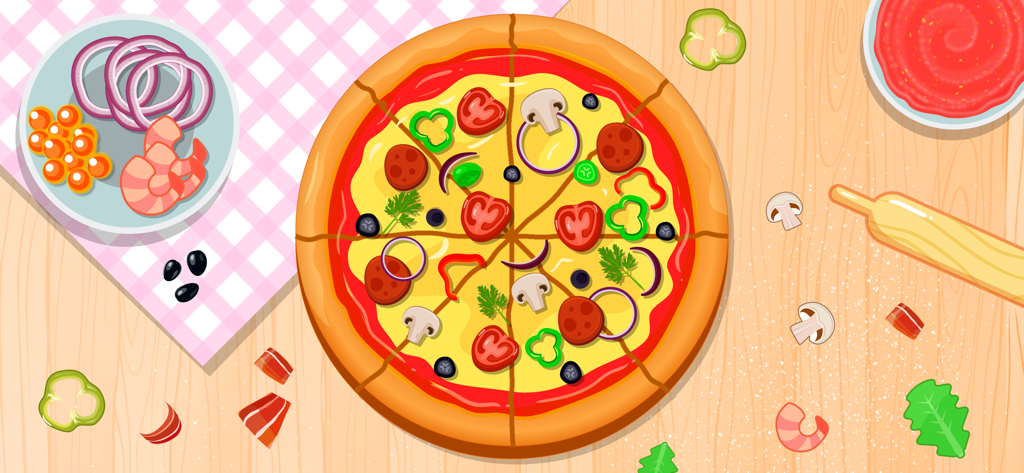 Pizza Maker Kids Cooking Games - A colorful cartoon pizza with various toppings on a wooden kitchen table