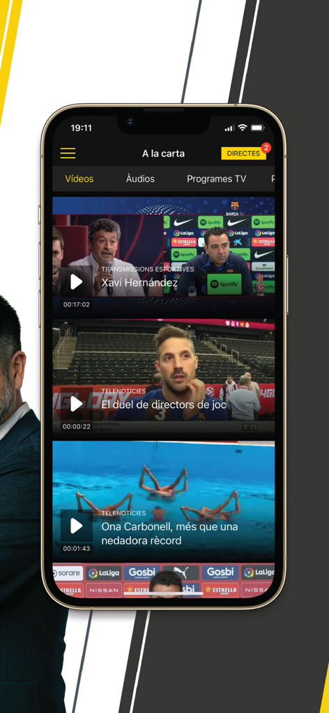 Esport3 app interface displaying a list of sports videos in Catalan