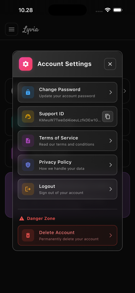 Lyvia - The account settings menu in the Lyvia AI Art app showing options for password management and privacy policy.