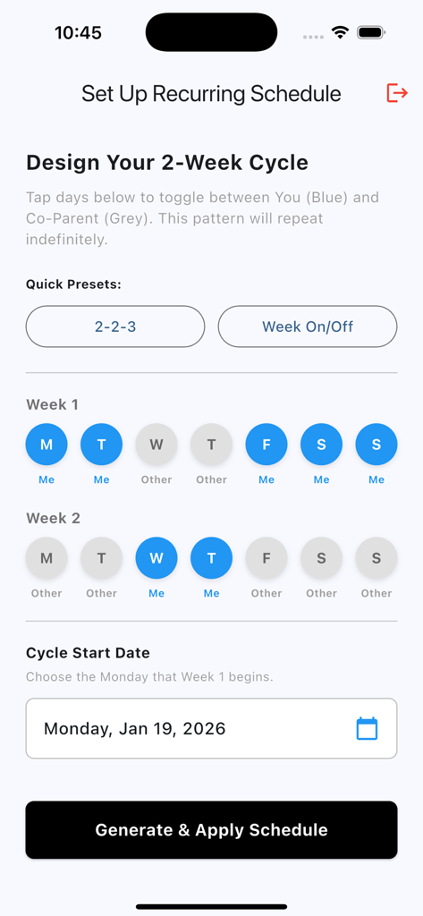 Child Custody Calendar - Mobile app interface for designing a recurring two week child custody schedule using presets.