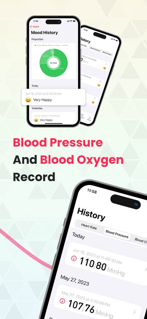 Interfaz de la app Pulser mostrando registros de presión arterial y gráficos de historial de estado de ánimo.