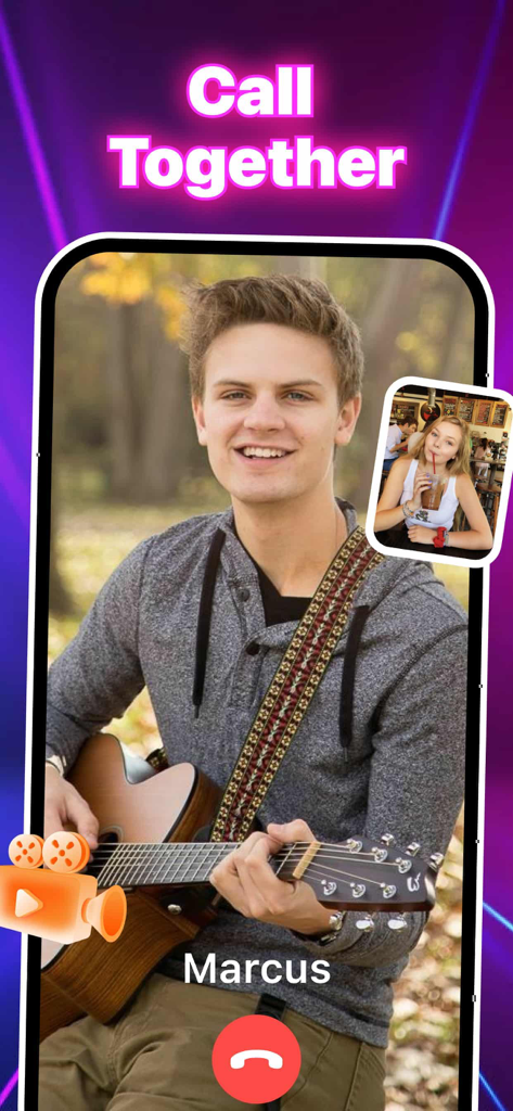 친구와 채팅하면서 기타를 치는 젊은 남자를 보여주는 Bubee 앱의 화상 통화 인터페이스.