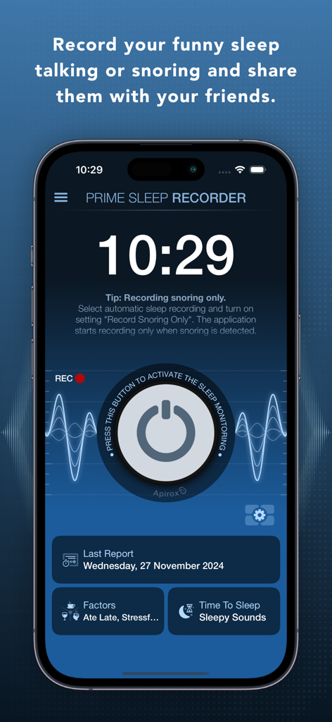 Prime Sleep Recorder Pro - Main interface of Prime Sleep Recorder Pro app showing the sleep monitoring activation screen with a noise level graph and sleep factors