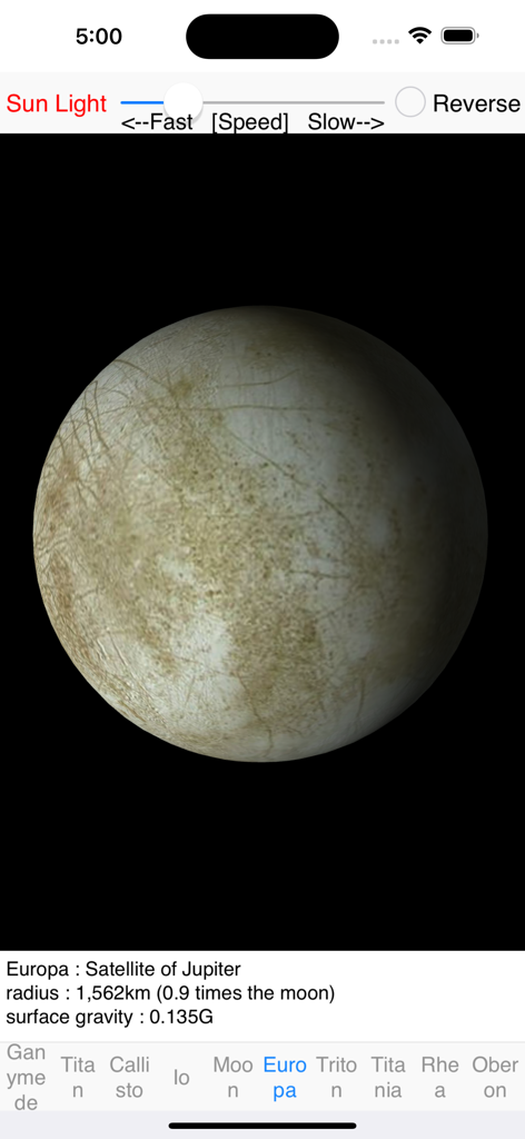 Satellite Rotation - 3D model of Jupiter moon Europa with radius and gravity data in the Satellite Rotation app