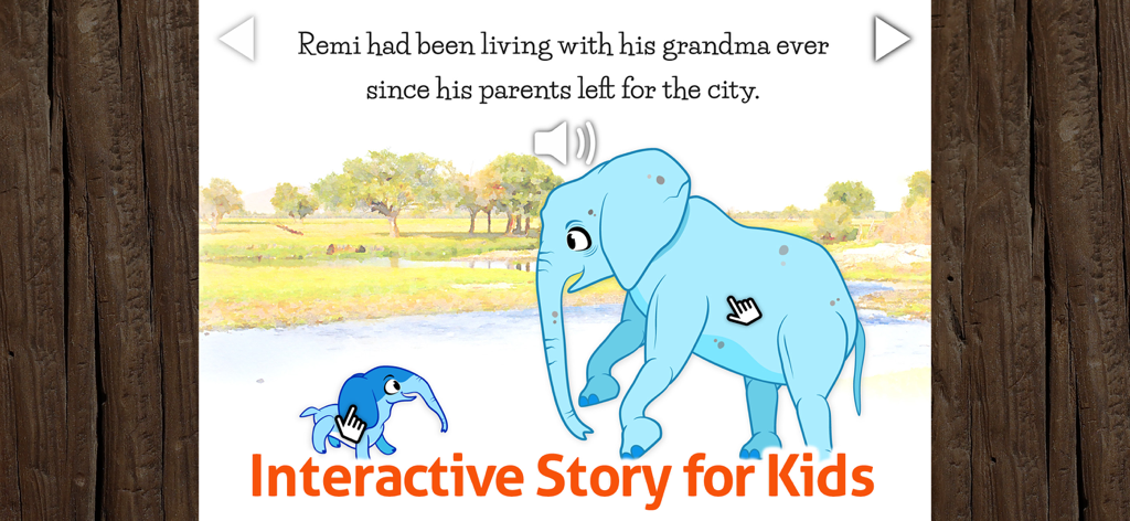 Kids Book & Reading - Remi - レミの子供向け絵本アプリのインタラクティブなページ。青い赤ちゃん象と森の風景にいるおばあさんが描かれています。