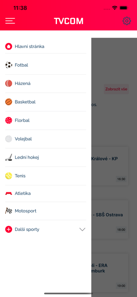 Side navigation menu of TVCOM app showing sports categories including football, handball, basketball, and floorball.