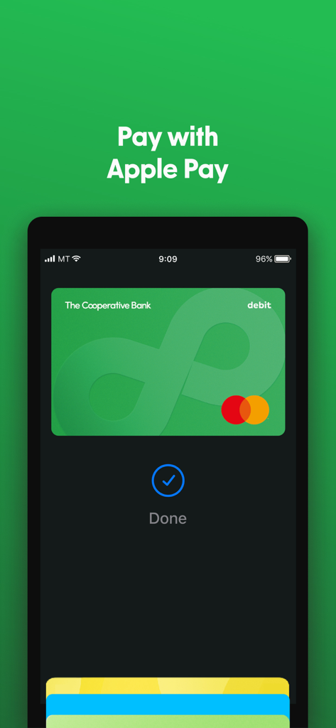 The Co-operative Bank (NZ) - The Cooperative Bank NZ app displaying a successful Apple Pay payment screen with a green debit card