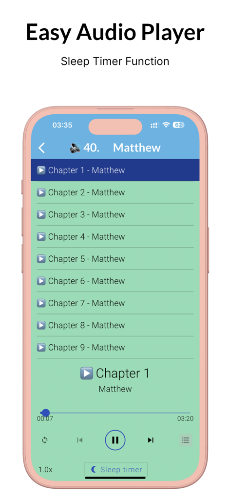 Bible KJV - King James Audio - Interfaz del reproductor de audio de la aplicación Bible KJV que muestra los capítulos de Mateo y un botón de temporizador de suspensión.