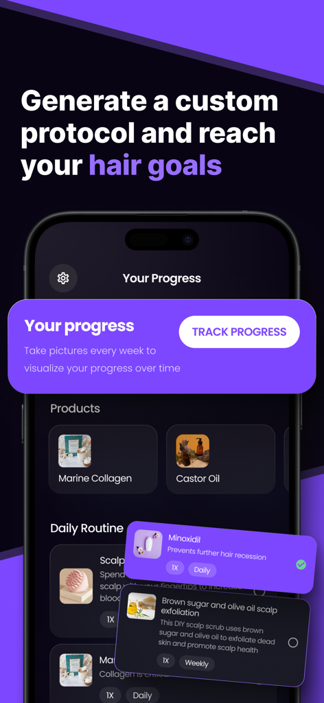 Mobile app interface showing a personalized hair health protocol and progress tracking dashboard