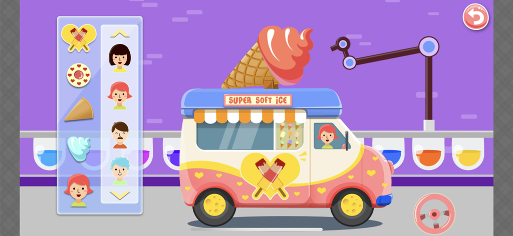 Ice Cream Truck: Dessert Sim - A screen from the Ice Cream Truck Dessert Sim app showing customization options for stickers and characters on a pink and white ice cream truck.