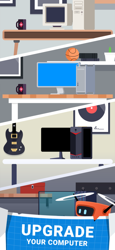 Cyber Dude: Dev Tycoon - A sequence of desktop workspace progressions showing computer upgrades from retro to modern hardware in Cyber Dude Dev Tycoon