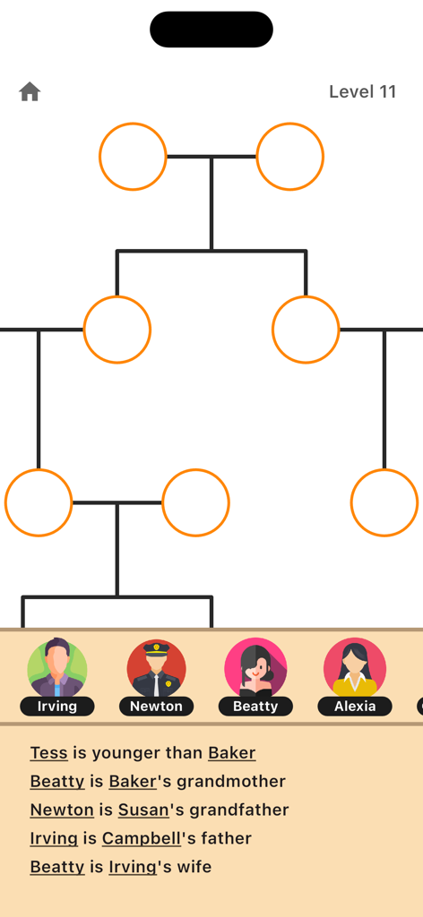 Family Tree - Logic Game - A gameplay screenshot of the Family Tree logic puzzle showing a tree structure with empty slots and character relationship clues at the bottom