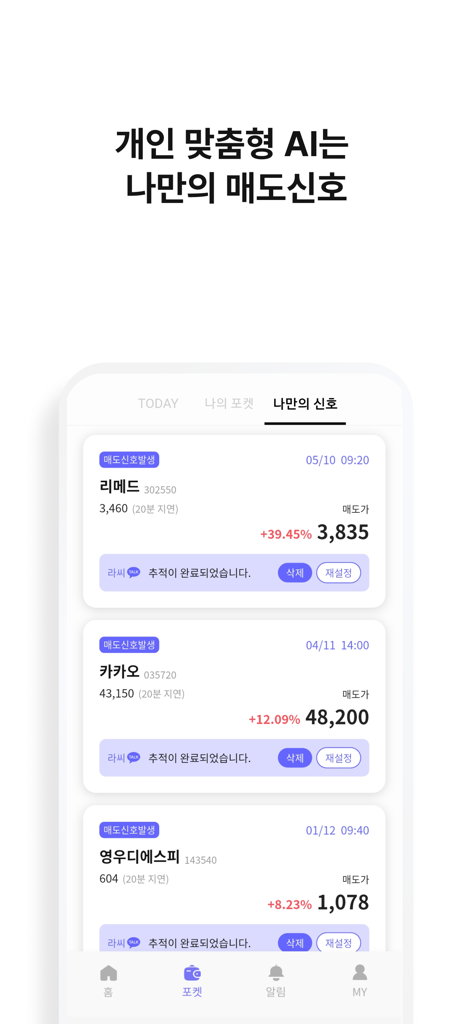 Interface de l'application mobile affichant des signaux de vente IA personnalisés et des pourcentages de profit boursier pour les traders actifs.