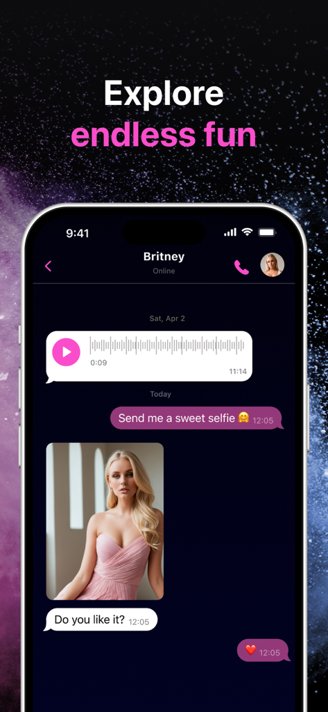 A screenshot of the Ai Girl app showing a chat interface with a virtual girlfriend and a shared photo.
