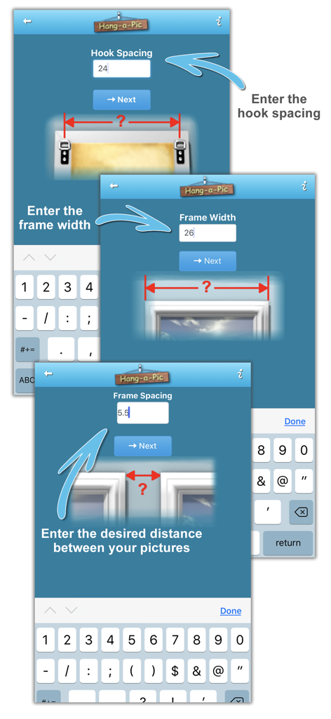 Hang-a-Pic - Tres pantallas de smartphone de la aplicación Hang-a-Pic que muestran las entradas para el espaciado de los ganchos, el ancho del marco y la distancia entre cuadros.