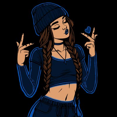 realistic teenage girl with braids and a beanie and crop top doing 🫶🏼