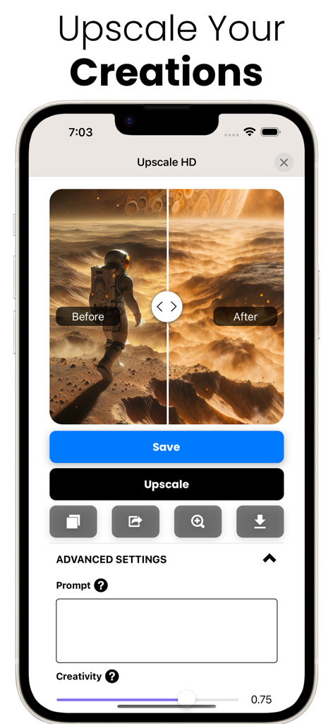 DALL E 3 AI Art Generator - Interface of the DALL E 3 AI Art Generator app showing the upscale feature for high definition images