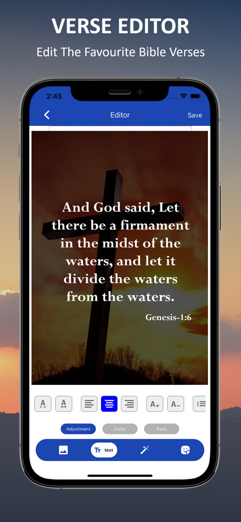 A mobile screen showing the verse editor feature of the NLT Bible app with Genesis 1:6 displayed over a sunset background.