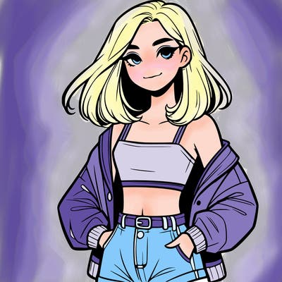 a realistic girl with a crop top and short shorts in an open jacket