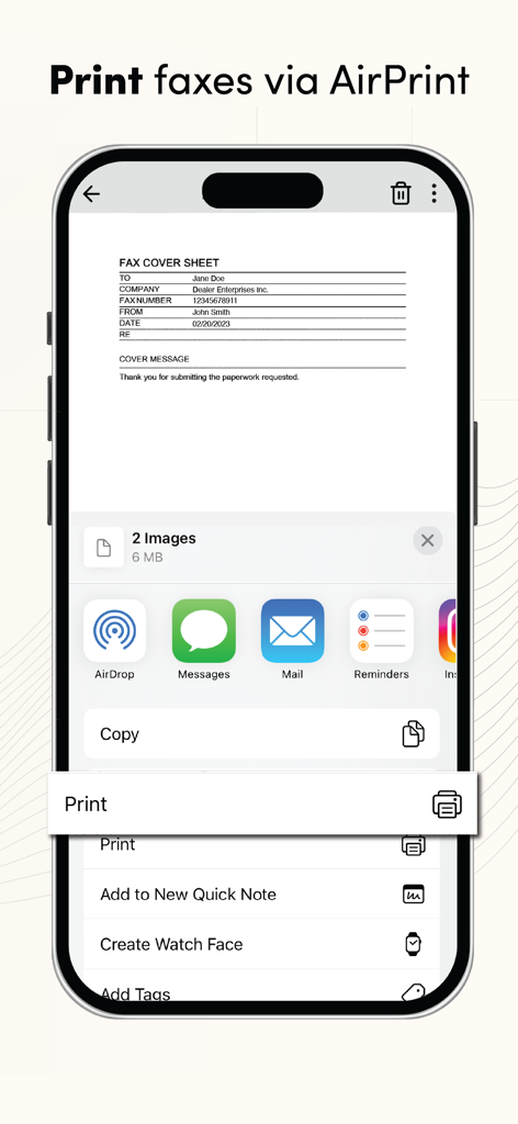 Uma interface móvel mostrando o recurso de impressão de faxes via AirPrint com uma prévia do documento e menu de compartilhamento