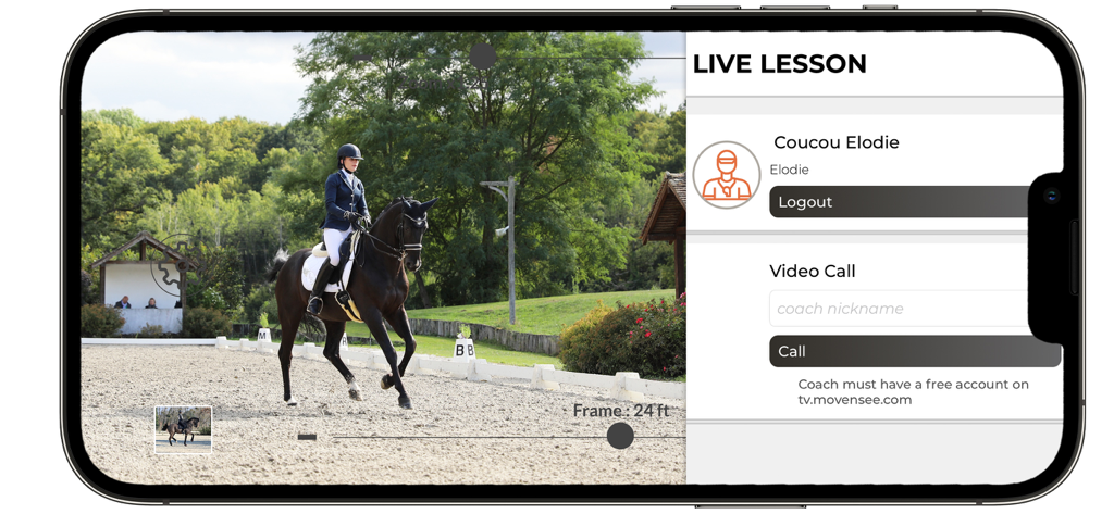 PIXEM Camera - PIXEM Camera app interface showing a live equestrian lesson with a remote coaching video call setup