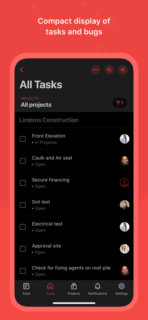 Aufgabenliste der mobilen App Zoho Projects mit Projektaktivitäten und Statusaktualisierungen für ein Bauteam.