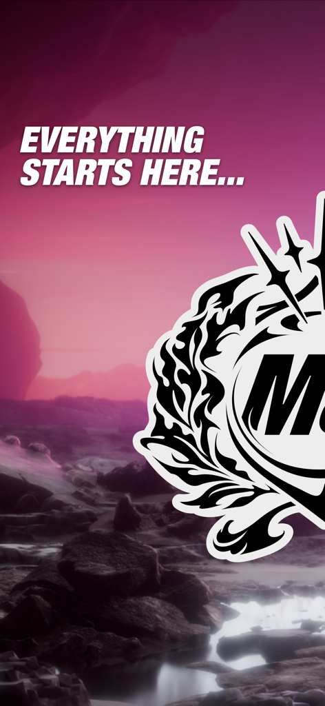 Gentle Mates app splash screen showing the text Everything Starts Here over a purple landscape background and the team logo.