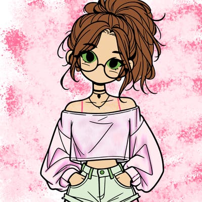 girl with a messy ponytail glasses a baggy crop top and jean shorts