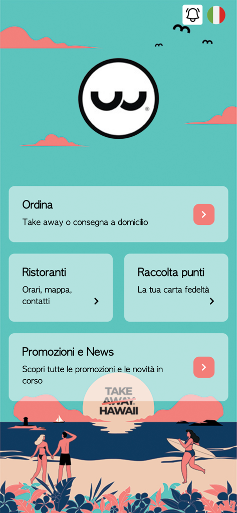 WAIKIKI Hawaiian Food - WAIKIKI Hawaiian Food app home screen showing options for ordering, restaurant locations, and loyalty programs over a beach themed illustration.