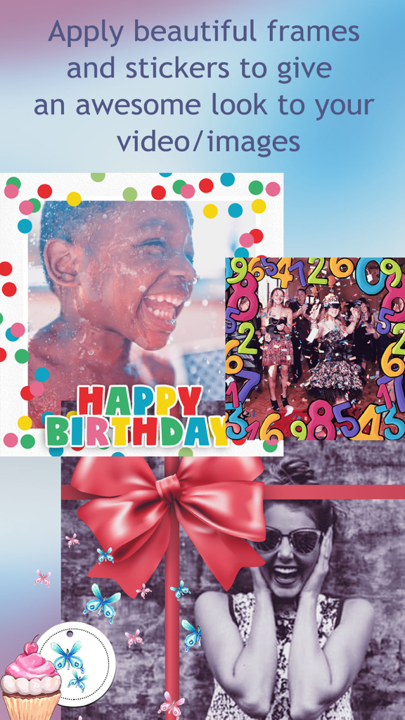 Birthday Slideshow Maker – Free Funny Video.s - Birthday photos decorated with colorful frames stickers and a large red gift bow