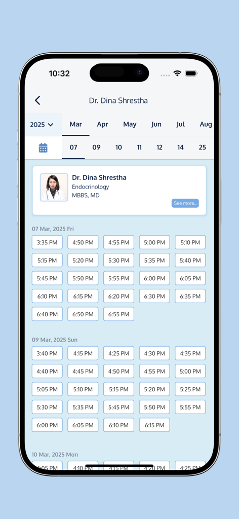 Norvic Care - A mobile app screen showing available appointment time slots for Dr. Dina Shrestha, an endocrinologist.