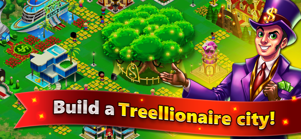 Captura de tela da jogabilidade de Money Tree City apresentando uma grande árvore de dinheiro e um personagem magnata rico