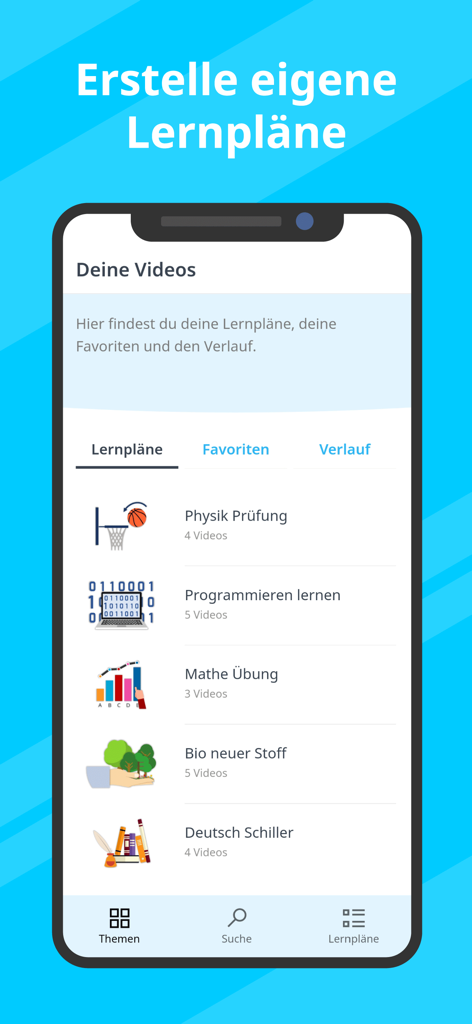 Studyflix - Deine Lernapp - Una interfaz móvil de la aplicación Studyflix que muestra una lista de planes de estudio personalizados para materias como física, matemáticas y programación.