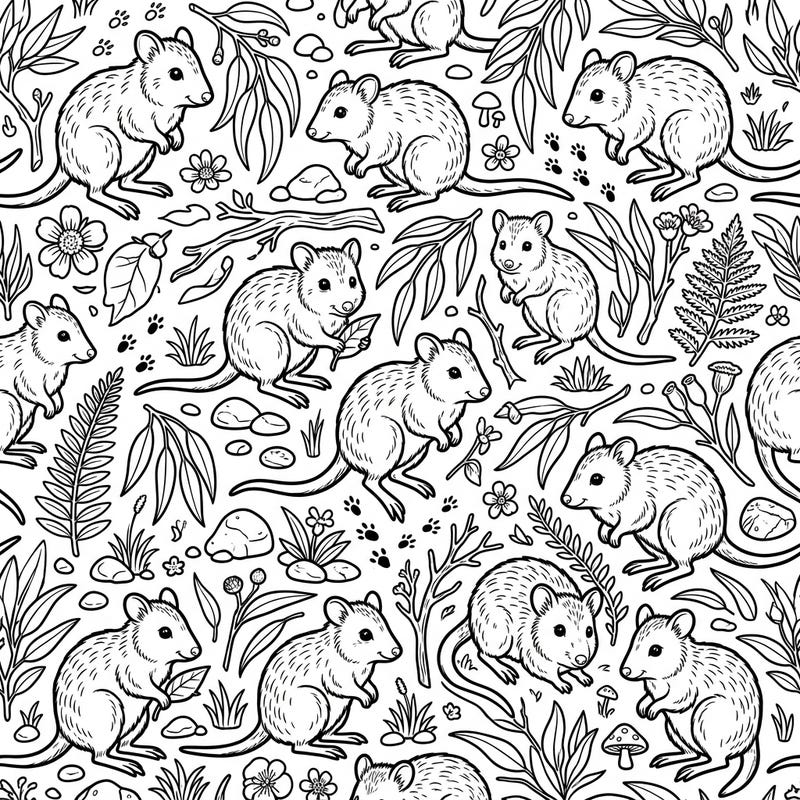 Explore the fascinating world of potoroos with this intricate seamless pattern coloring page. These adorable Australian marsupials are waiting for your creative touch to bring their habitat to life.