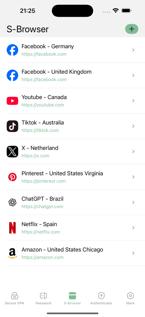 Interface of S-Browser showing a list of social media and web services paired with different global VPN server locations.