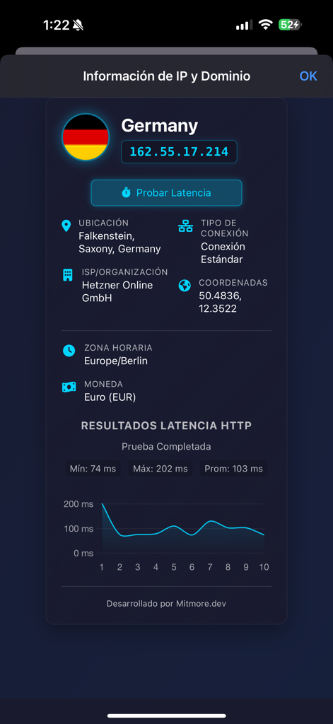 Interface of IP Domain Flag Info showing server IP information for Germany and HTTP latency test results