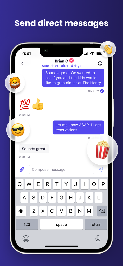 Truth Social - Una captura de pantalla de la aplicación Truth Social que muestra una conversación de mensajería directa con una ventana de chat y teclado