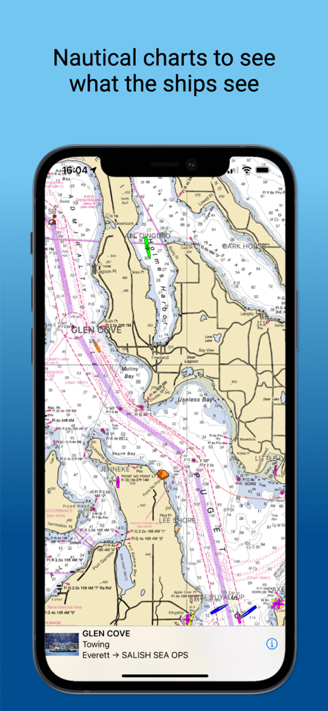 Capture d'écran d'application mobile de Boat Watch montrant des cartes nautiques détaillées et les positions des navires en direct