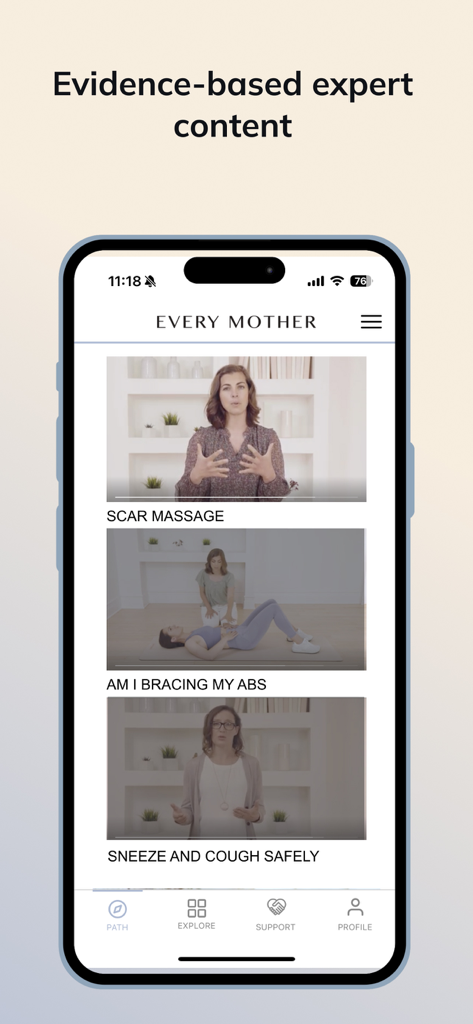 골반저 및 코어 건강을 위한 교육 비디오를 보여주는 Every Mother 앱 화면