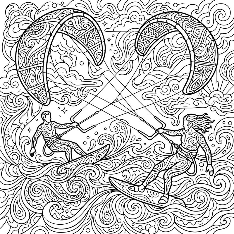 Immerse yourself in the thrilling world of kitesurfing with a mesmerizing psychedelic twist. This unique coloring page offers intricate details and dynamic action for an unforgettable artistic experience.