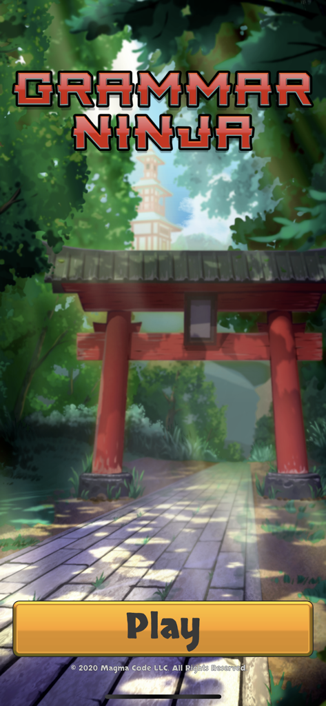 Home screen of the Grammar Ninja educational game featuring a Japanese torii gate and a play button