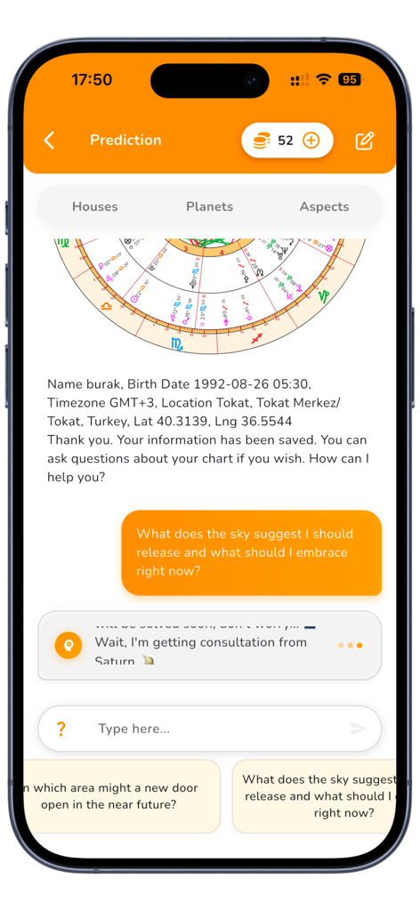 Astromatik mobile app interface showing an AI astrology chatbot and a personalized birth chart wheel.
