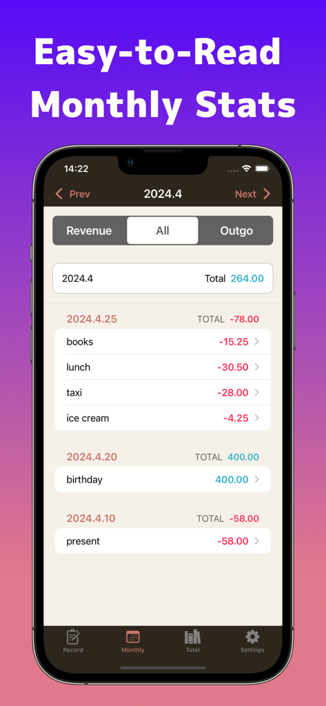 Simple Money Recorder - Simple Money Recorder monthly transaction log showing revenue and outgo history