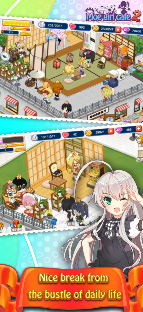 Moe Girl Cafe 2 - Gameplay screenshot of Moe Girl Cafe 2 featuring chibi characters in a customizable restaurant and a winking anime girl.